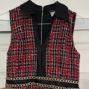 VENUS Red and Black Tweed Dress with Gold Chain Accent
